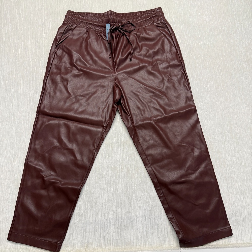 LOFT Faux Leather Pants Womens Large Petite Brown Straight High Rise Elastic